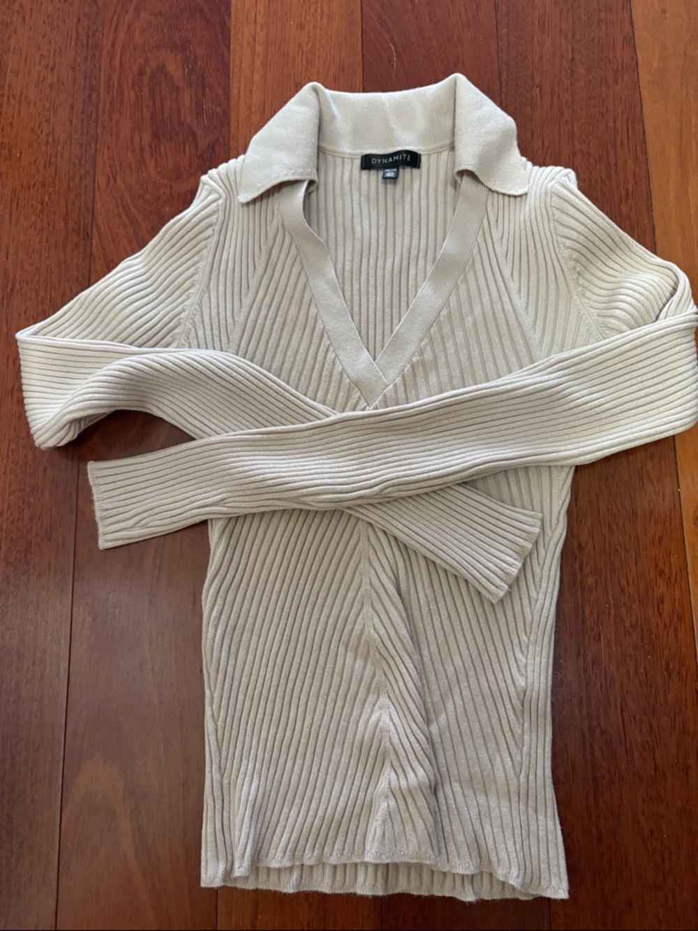 Dynamite Ribbed V-Neck Collared Sweater - Cream